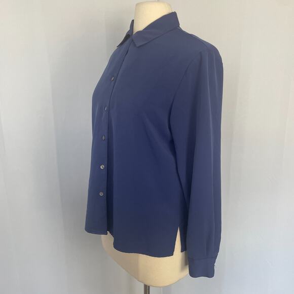 Vintage Blouse Top Size Small Blue Solid Long Sleeve Button Minimalist Office - Picture 7 of 13